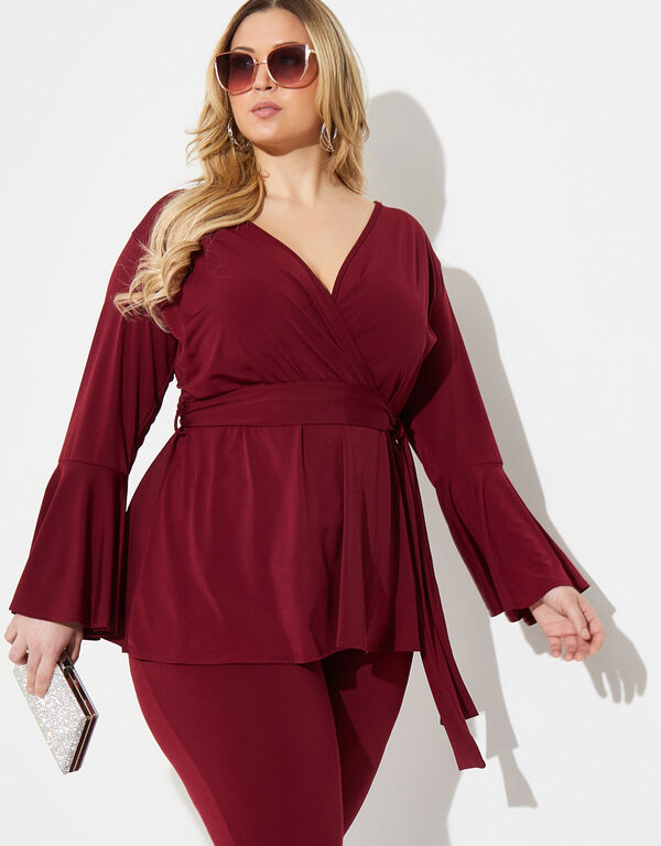Belted Faux Wrap Tunic, Wine image number 0