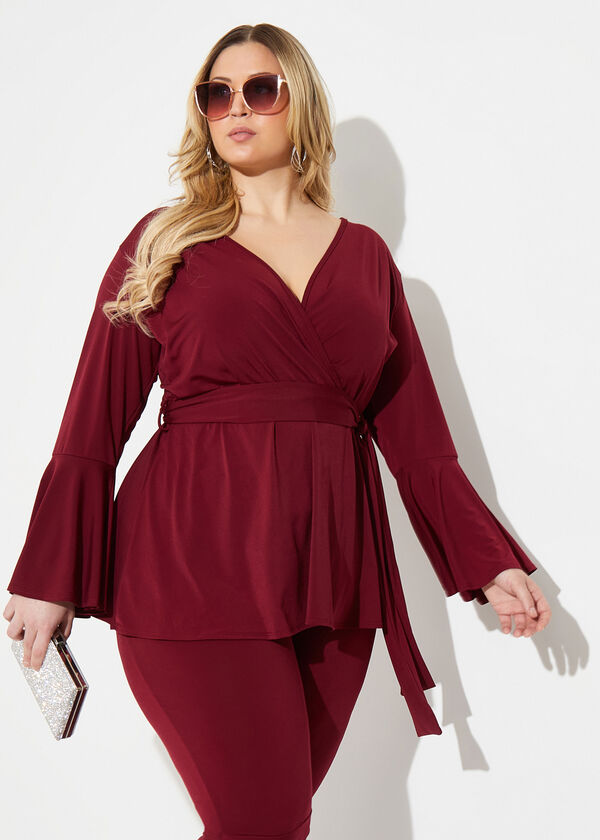 Belted Faux Wrap Tunic, Wine image number 0