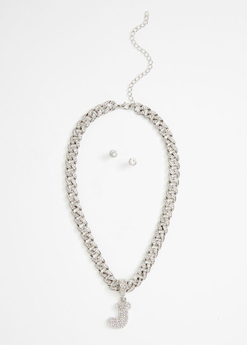 Pave Link J Initial Chain & Studs, Silver image number 1