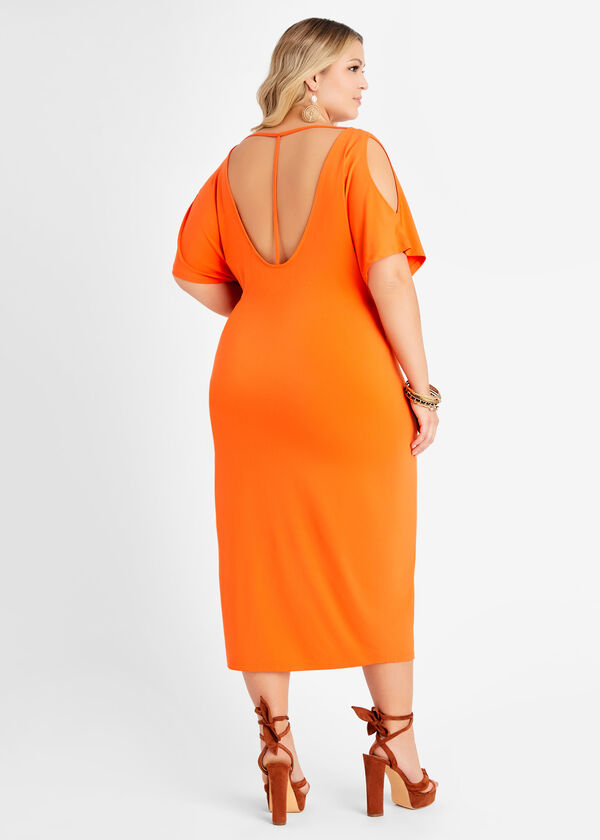 Cold Shoulder Slit Front Dress, Flame Orange image number 1