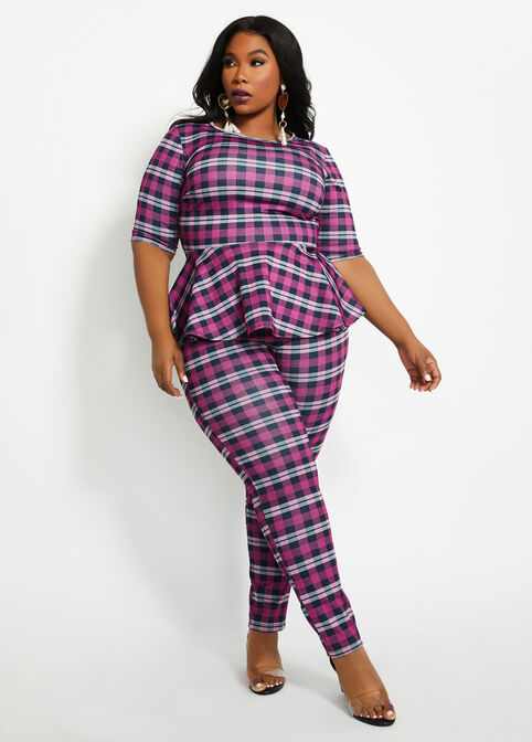 Pink Plaid Knit Pull On Pant, Raspberry Radiance image number 2