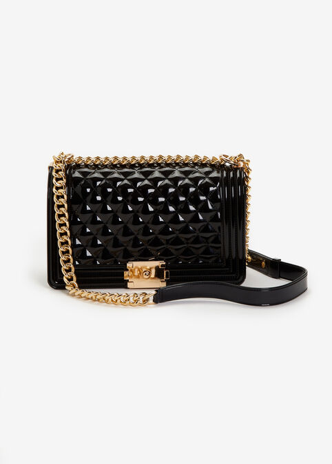Black Faux Leather Quilted Handbag, Black image number 0