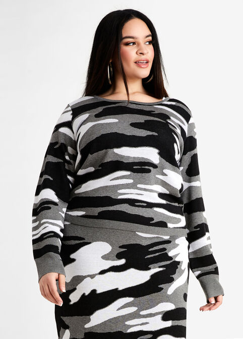 Plus Size Camo Colorblock Sweater High Waist Bodycon Pencil Skirt Set image number 0