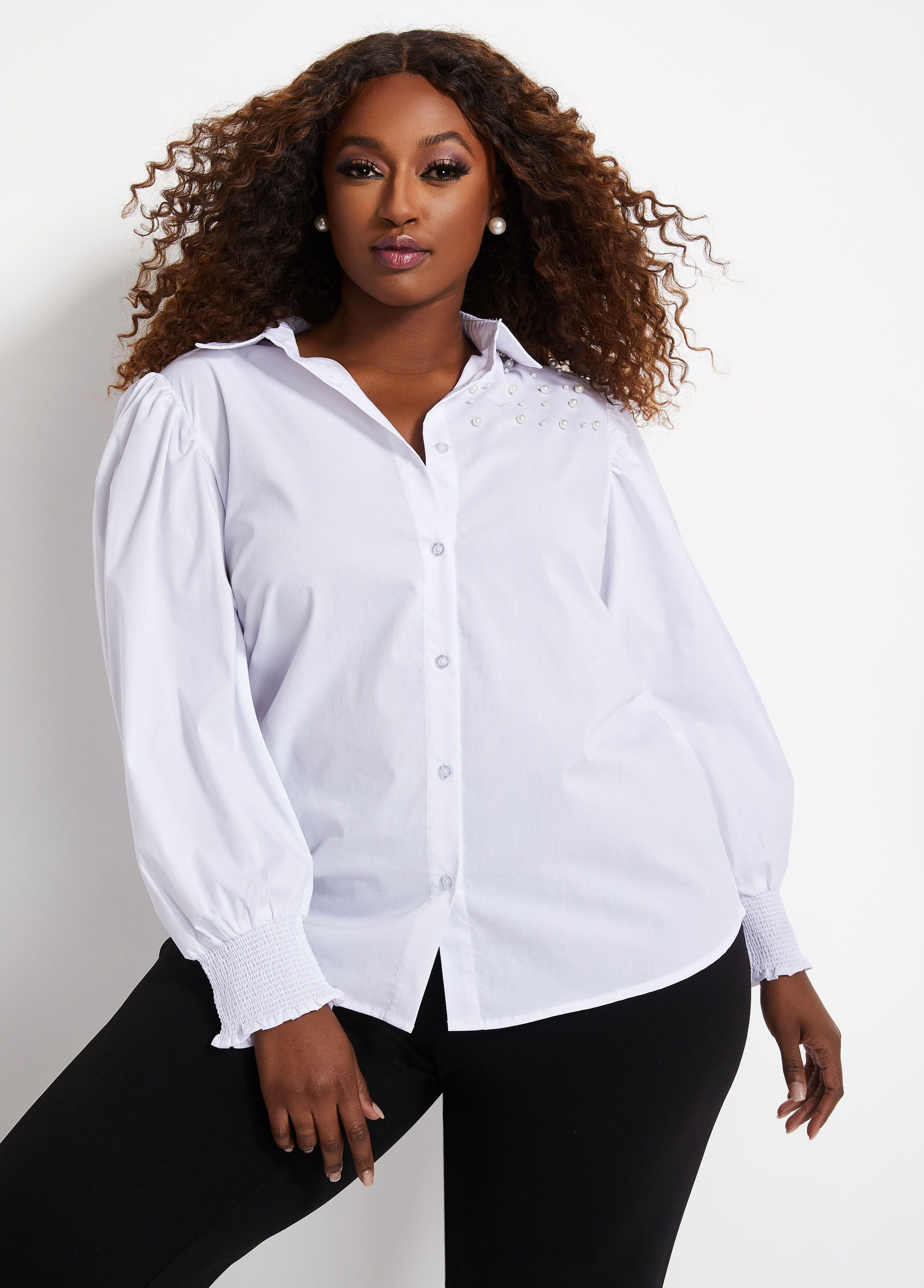 Plus Size Pearl Accent Puff Sleeve Button Up Tailored Blouse