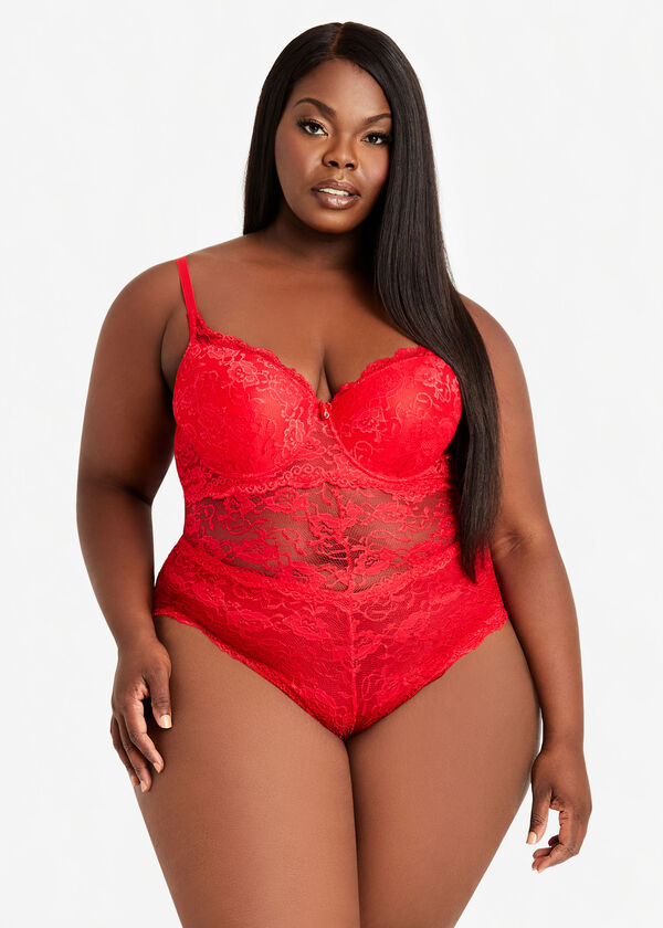 Lace Sweetheart Lingerie Bodysuit, Red image number 0