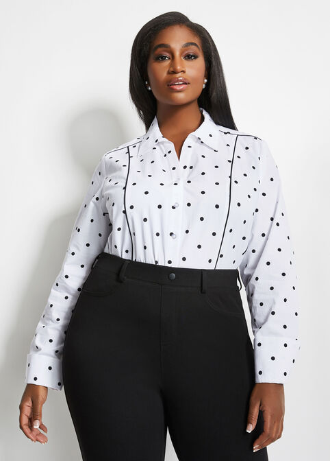 Dot Button-Up Top, White Black image number 0