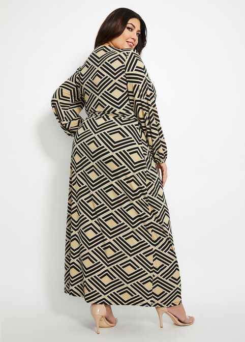 Taupe Abstract Knit Wrap Maxi Dress, Multi image number 1