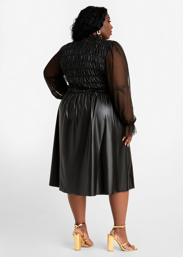 Plus Size Faux Leather Smocked Bodice Mesh Long Sleeve Party Dress