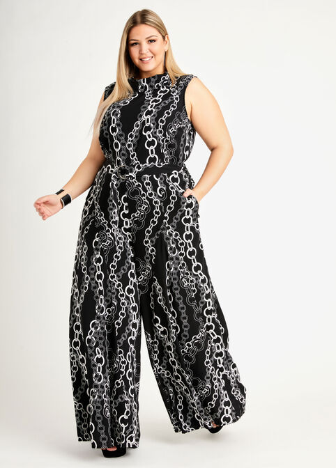 Tall Belted Chain Palazzo Jumpsuit, White Black image number 0