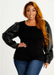 Plus Size Faux Leather Puff Long Sleeve Rib Knit Lightweight Sweater image number 0