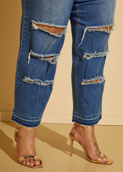 Cropped Distressed Mid Rise Jeans, Dk Rinse image number 3