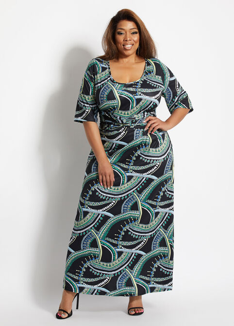 Tribal Crossover Waist Maxi Dress, Black Combo image number 0
