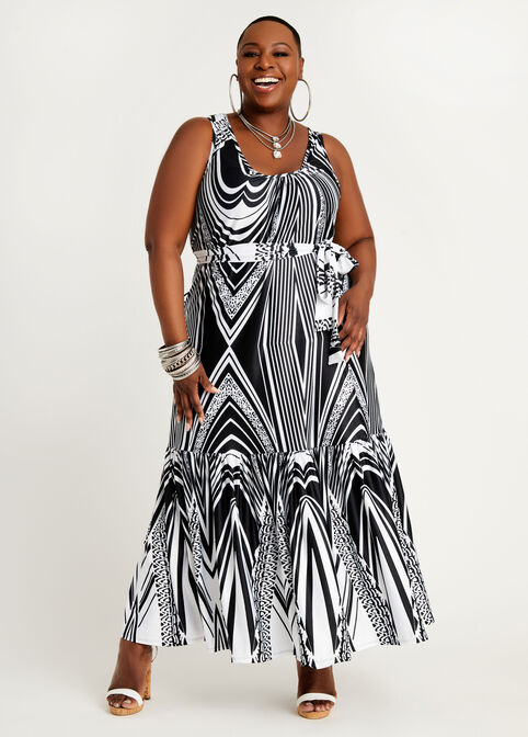 Short Belted Abstract Flounce Maxi, Black White image number 0
