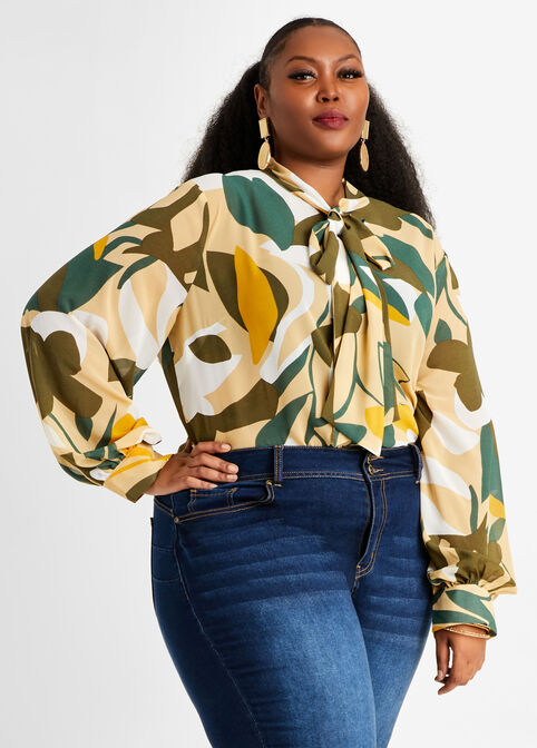 Camo Floral Tie Neck Blouse, Olive Night image number 0