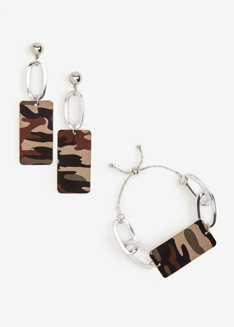 Camo Print Bracelet & Earrings Set, Olive image number 0