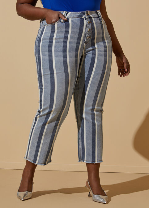 Cropped Striped Slim Leg Jeans, Blue image number 2