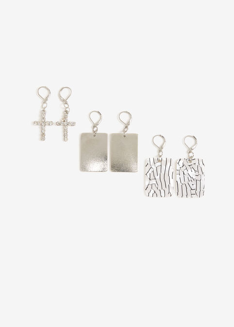 Cross Trio Drop Earrings Set, Silver image number 0