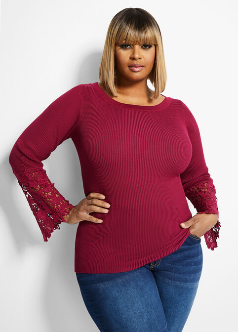 Boat Neck Lace Flare Cuff Sweater, Cerise image number 0