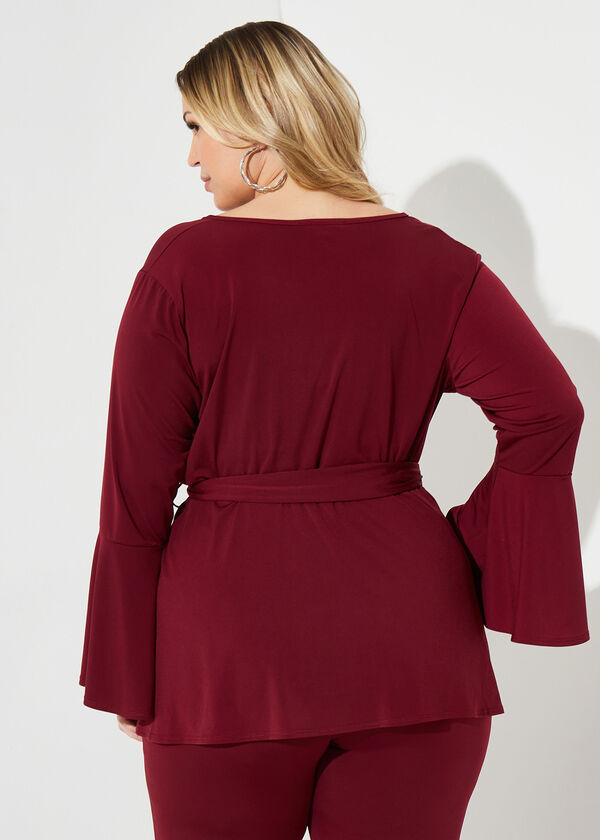 Belted Faux Wrap Tunic, Wine image number 1