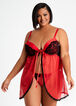 Lace Bow Tie Babydoll & Thong Set, Red image number 0