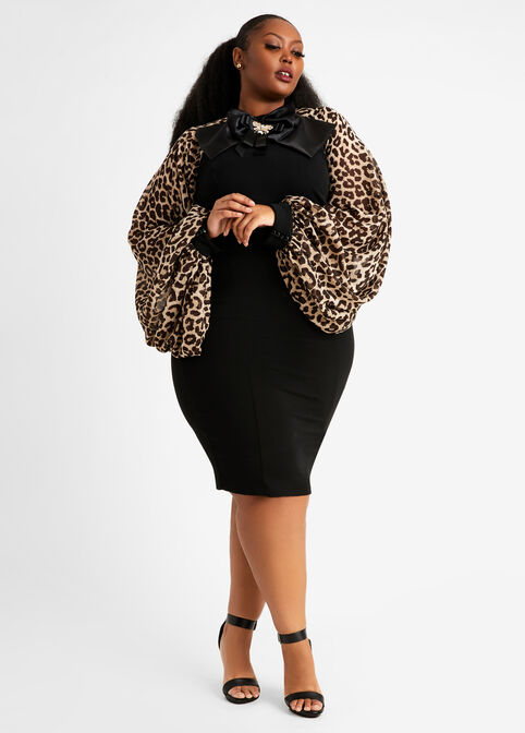 Leopard Sheer Drama Sleeve Dress, Black Animal image number 0