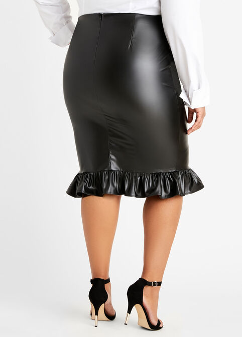 Faux Leather Ruffle Hem Skirt, Black image number 1