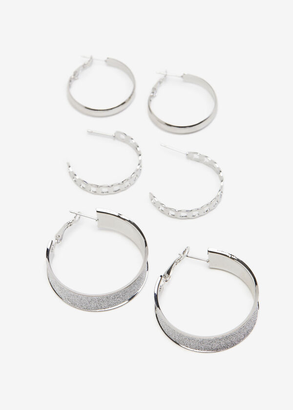 Silver Tone Glittered Earrings Set, Silver image number 0
