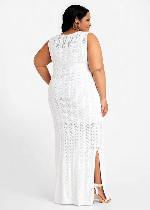 Belted Pointelle Maxi Dress, White image number 1