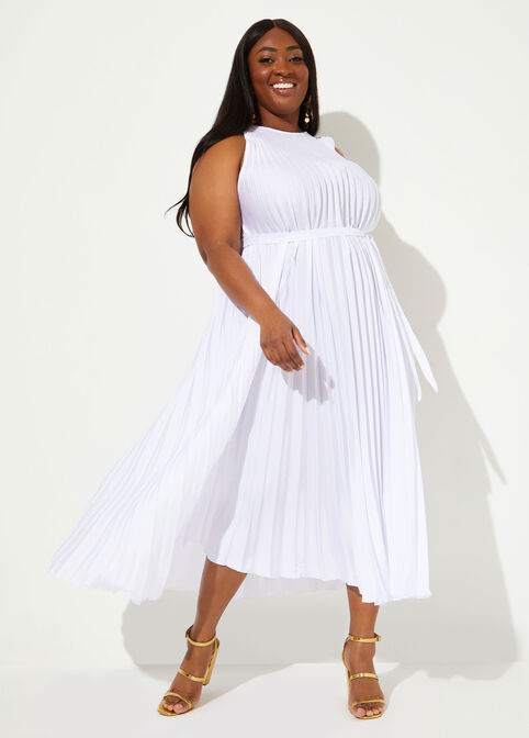 Belted Pleated Satin Maxi Dress, White image number 2