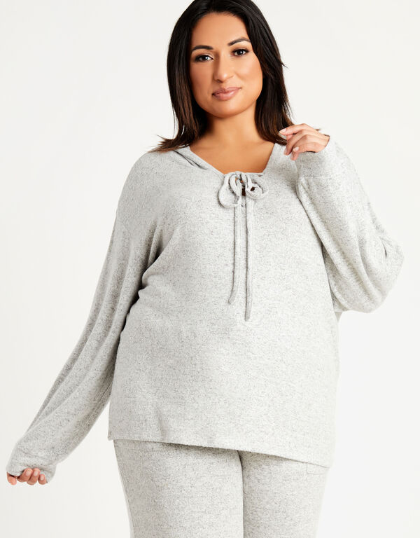 Cozy Lounge Lace Up Knit Hoodie, Heather Grey image number 0