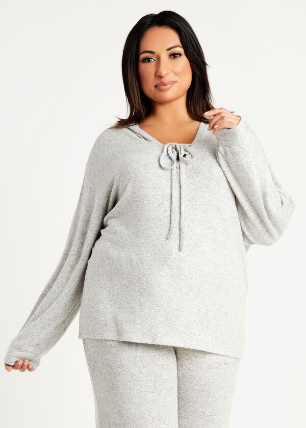Cozy Lounge Tie Front Knit Hoodie, Heather Grey image number 0