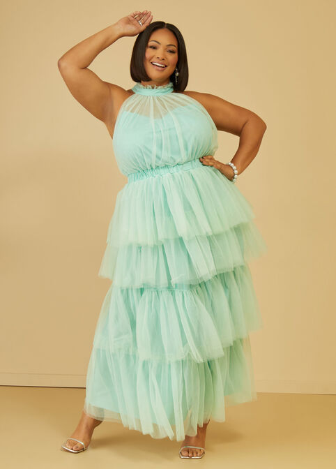 Cutout Tiered Tulle Gown, Mint Green image number 3