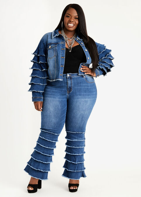 Tiered Raw Edge Flare Hi Rise Jean, Dk Rinse image number 2