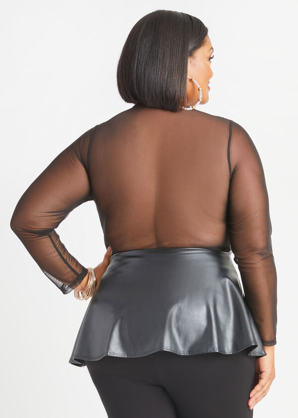 Faux Leather And Mesh Peplum Top, Black image number 1