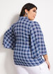 Plaid Tie Neck Flare Sleeve Top, Navy image number 1