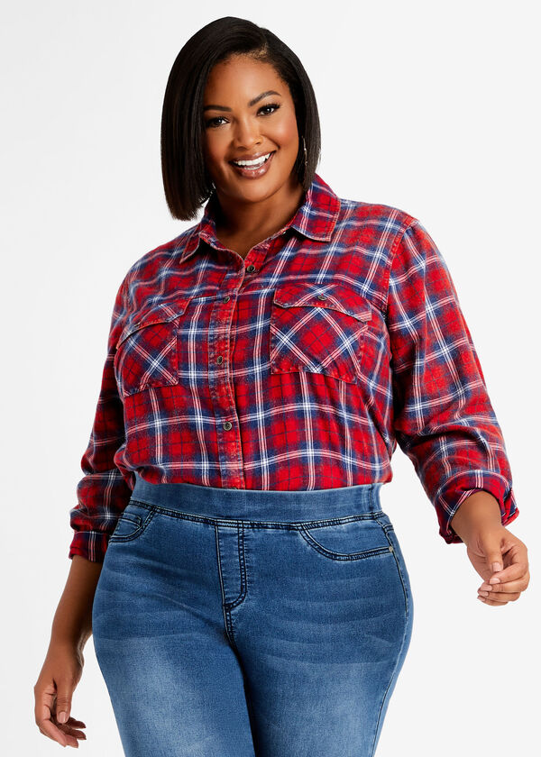 Plaid Cargo Pocket Button Up Top, Red image number 3