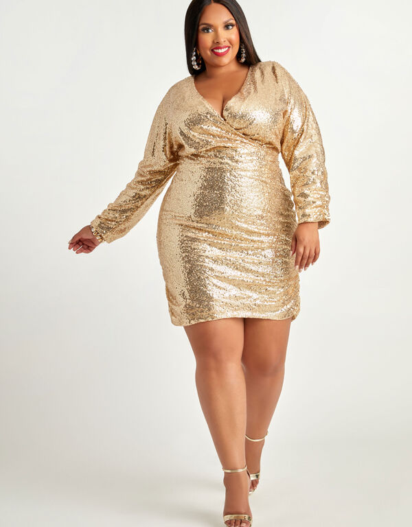 Sequin Embellished Mesh Dress, Gold image number 0