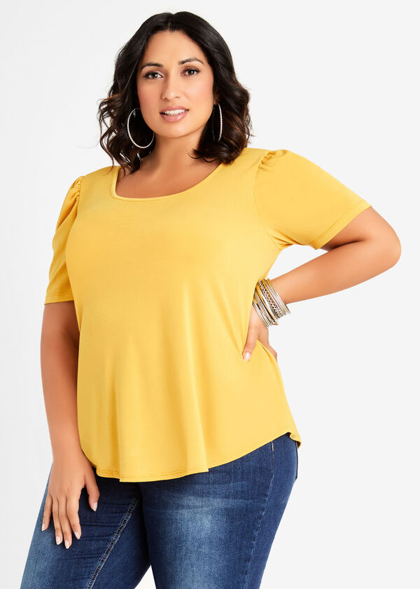 Puff Short Sleeve Knit Swing Top, Nugget Gold image number 0