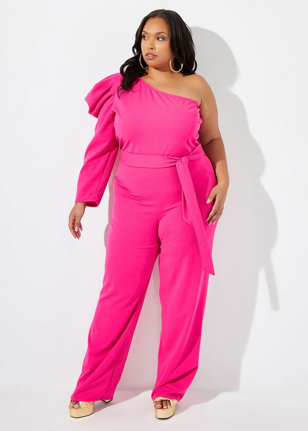 Puff Sleeve One Shoulder Jumpsuit, Fuchsia image number 0