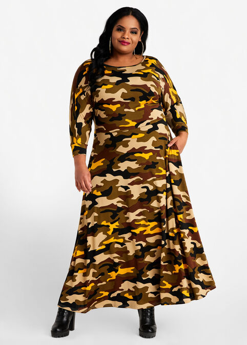 Camo Dolman Sleeve Knit Maxi Dress, Olive image number 0