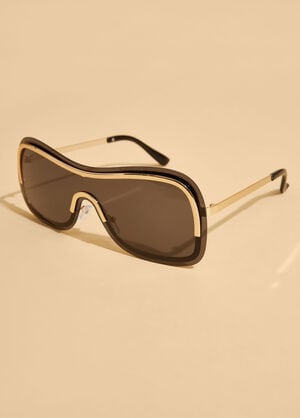Gold Trimmed Shield Sunglasses, Black image number 1
