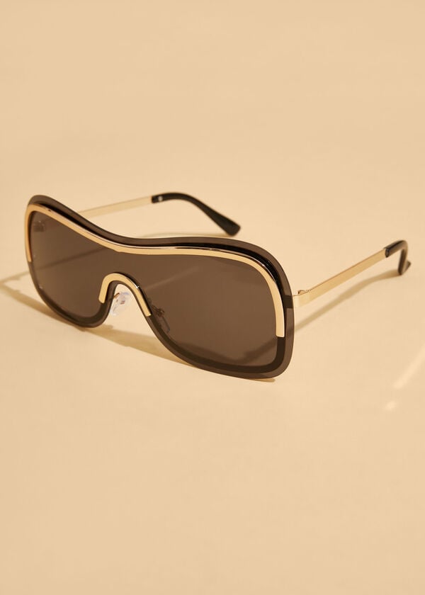 Gold Trimmed Shield Sunglasses, Black image number 1