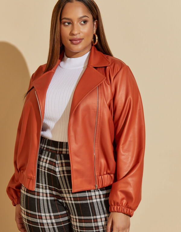 Faux Stretch Leather Bomber Jacket, Bombay Brown image number 0