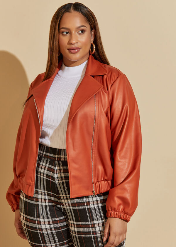 Faux Stretch Leather Bomber Jacket, Bombay Brown image number 0
