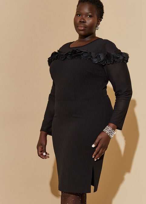 Mesh Paneled Rosette Sheath Dress, Black image number 2
