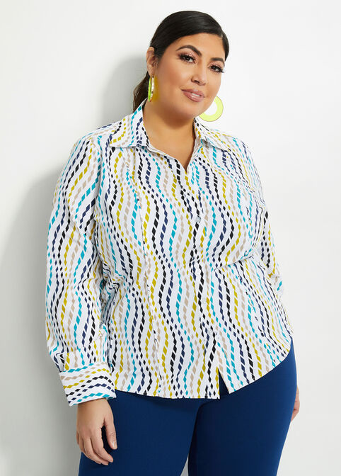 Tall Diamond Striped Button-Up Top, White image number 2