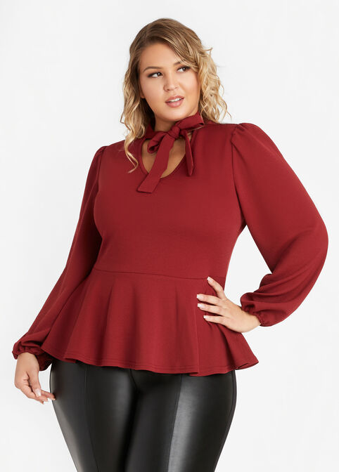 Plus Size Tie Neck Puff Long Sleeve Cutout Bust Mock Neck Peplum Top image number 0