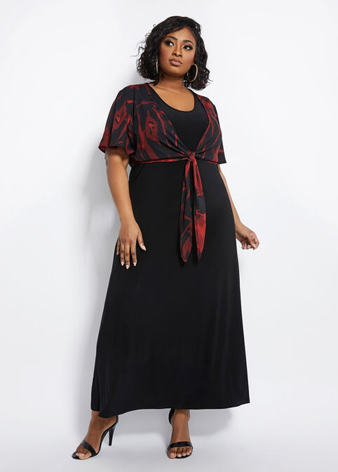 Floral Tie Overlay Tank Maxi Dress, Black Combo image number 0