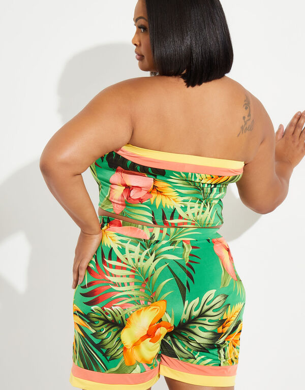 Strapless Tropical Print Crop Top, Parrot Green image number 1