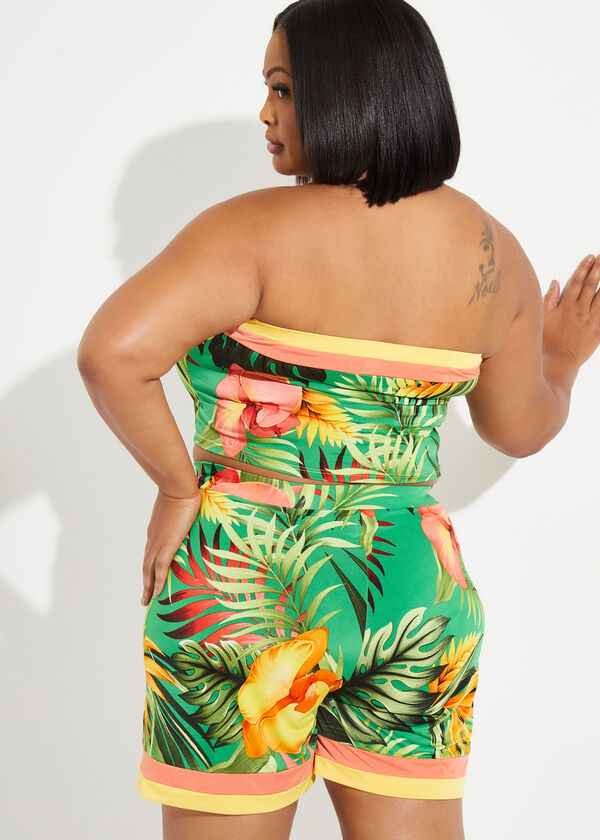 Strapless Tropical Print Crop Top, Parrot Green image number 1